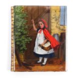 A reverse glass decorated needle book the cover depicting Little Red Riding Hood knocking at the