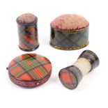 Tartan ware – sewing – four pieces comprising an oval pincushion (Colquhoun), 4.5cm, a disc form pin