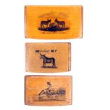 Three transfer decorated Mauchline ware snuff boxes ‘When Shall We Three Meet Again’, coloured,