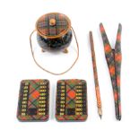 Tartan ware – five pieces comprising a lidded cauldron with cord handle (MacBeth), 7cm, a pair of