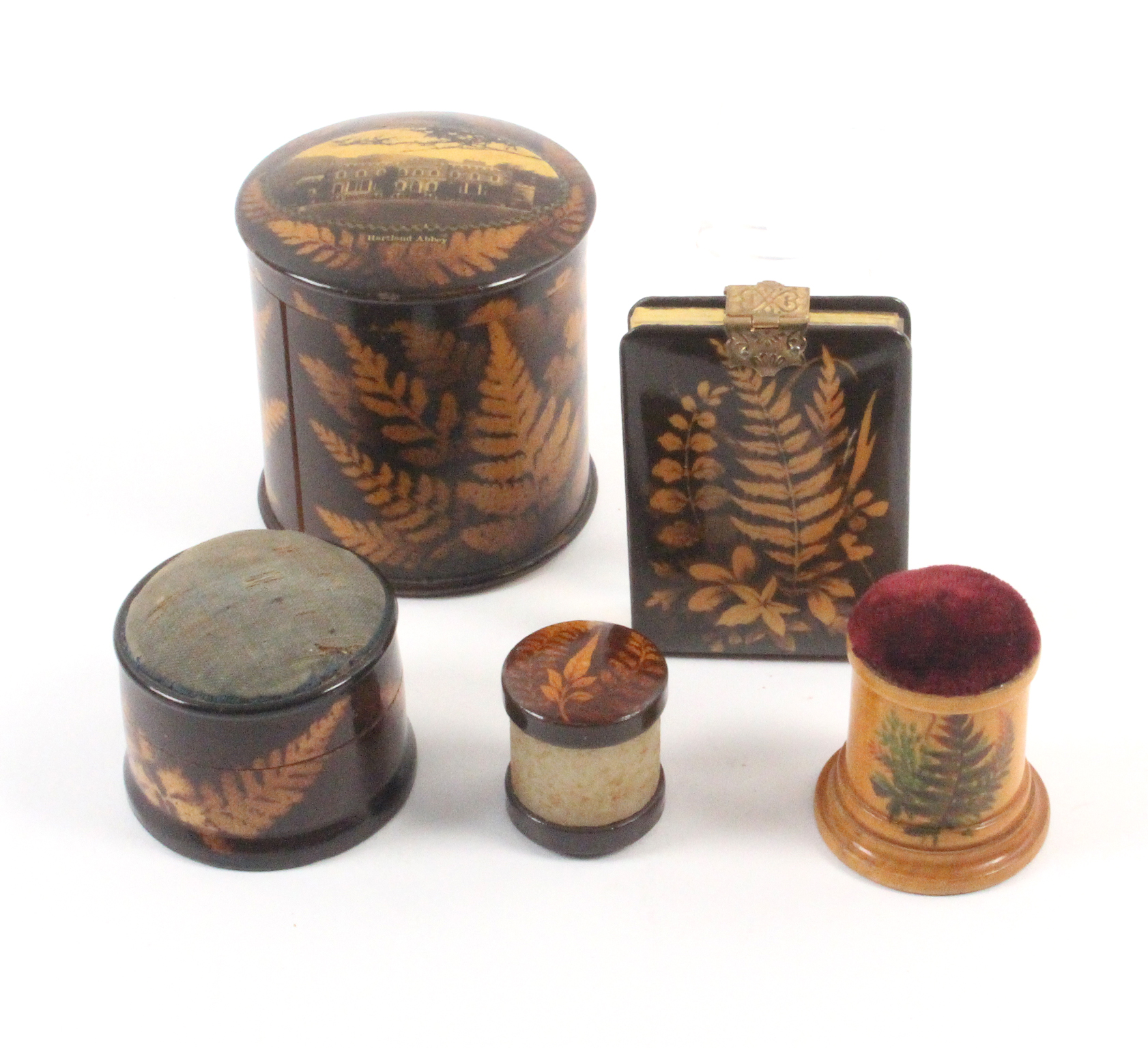 Fern ware – sewing – five pieces comprising a cylinder ribbon case (Hartland Abbey – photographic)