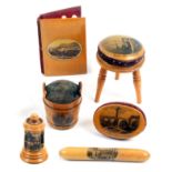 Mauchline ware – sewing – six pieces comprising a stool form pin cushion (Beachy Head Lighthouse)