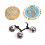 Three pre-revolutionary Russian silver and niello ball form buttons each with 84 mark to shank, 2cm,