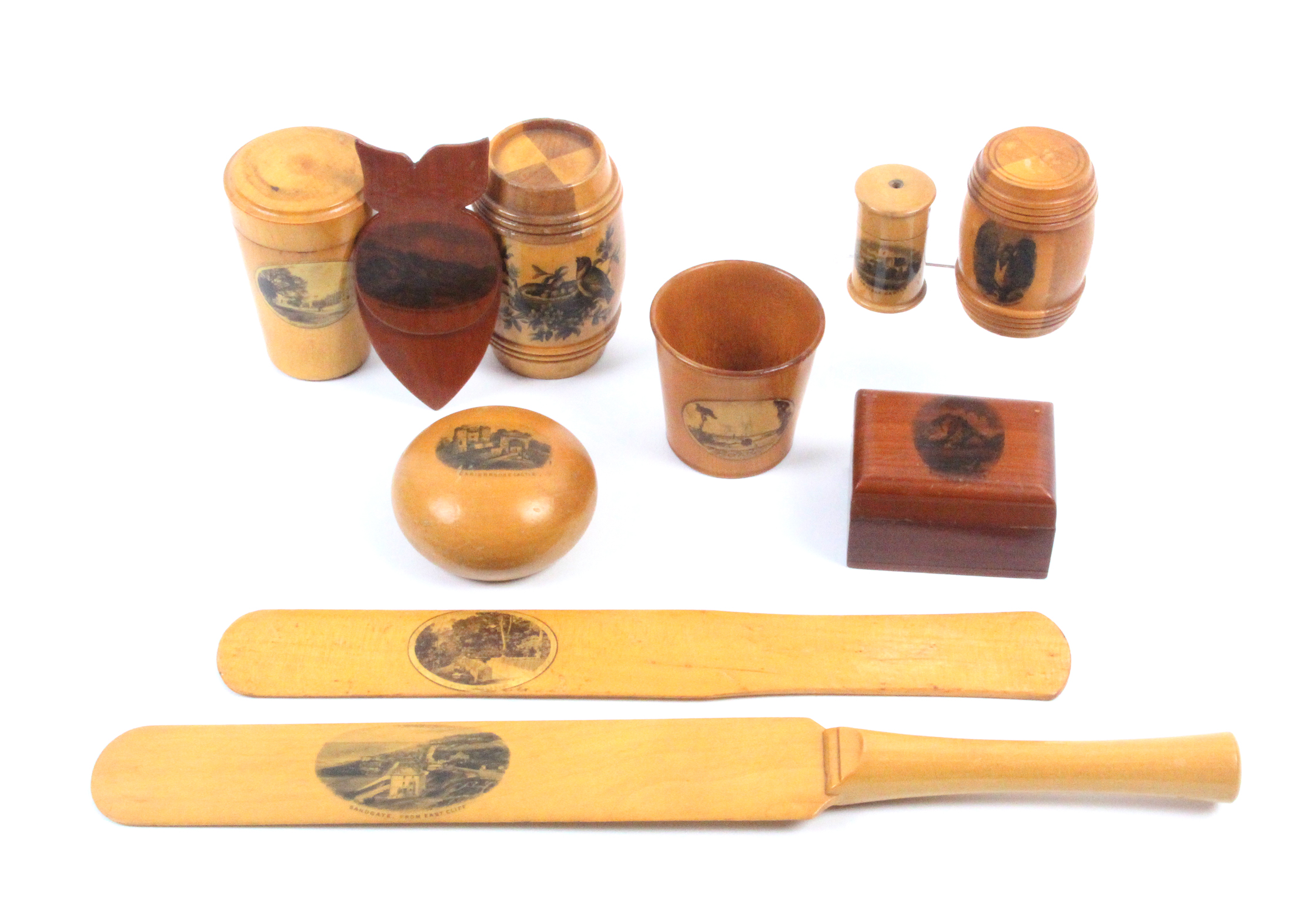 Mauchline ware – ten pieces – comprising a turned handle paper knife (Sandgate, From East Cliff)