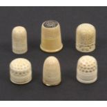 Six bone and ivory thimbles four ex Holmes Collection including one with inset metal top, all 19th