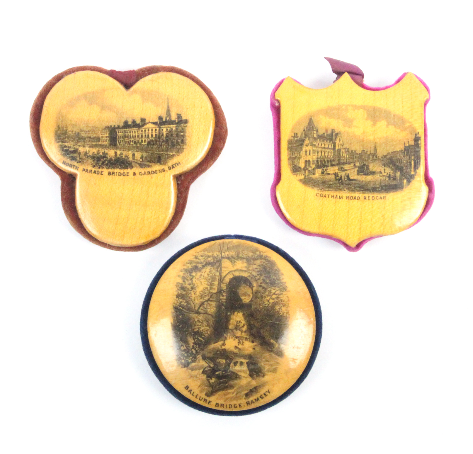 Mauchline ware – sewing – three pincushions comprising a shield shaped example (Coatham Road,