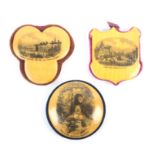 Mauchline ware – sewing – three pincushions comprising a shield shaped example (Coatham Road,