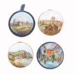 Four reverse glass decorated disc form pincushions, each with mirror to reverse comprising St Albans