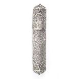 A good silver filigree bodkin case, of cylinder form, circa 1800, domed ends, finely pierced with