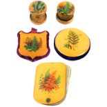Fern ware – sewing- five pieces all coloured on whitewood ground comprising a shield shaped pin