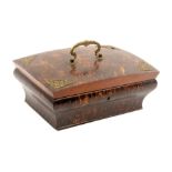 A Palais Royal burr ash sewing box, circa 1820, the bombe sides below a curved lid with brass corner