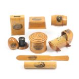 Mauchline ware – eight pieces comprising a reel cradle fitted as a pin cushion (Royal Hotel and