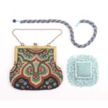 A beadwork bag and two other pieces, the bag in floral and geometric multi coloured beadwork with