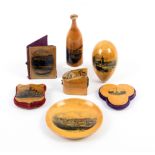 Mauchline ware – sewing – seven pieces comprising a bottle form compendium (Cleethorpes) slight loss