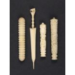 Four 19th Century ivory needlecases comprising an example in the form of a furled umbrella the