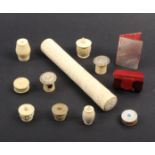 A mixed lot – sewing – comprising a leaf carved bone knitting needle cylinder, 16.5cm, a mother of