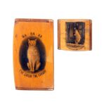 Two transfer decorated Mauchline ware snuff boxes comprising a rectangular example, a seated cat ‘