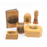 Mauchline ware – six pieces comprising a cut corner rectangular reel box, six numerical bone