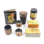 Mauchline ware – eight pieces – alternative finishes comprising a tumbler in tumbler case (black