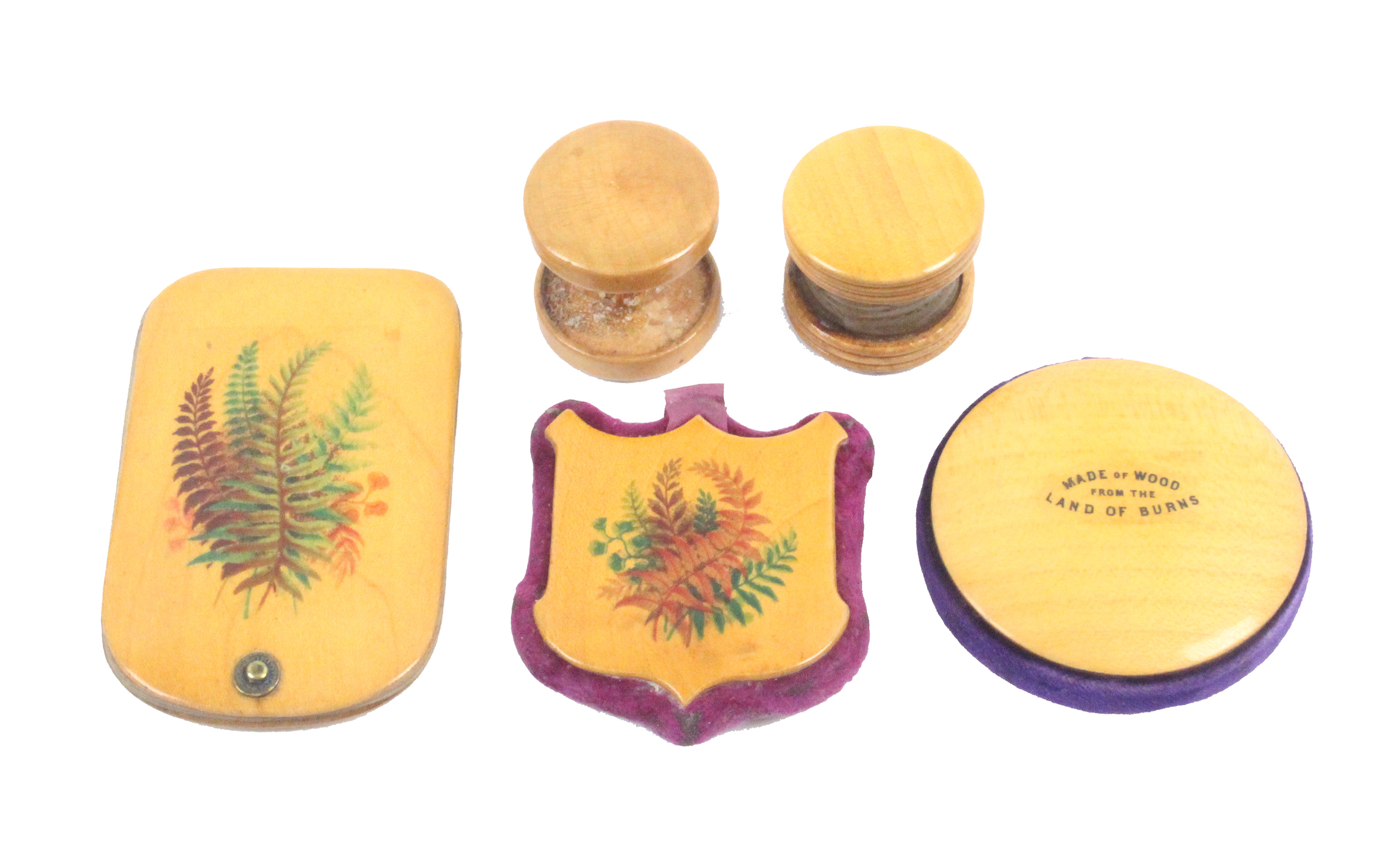 Fern ware – sewing- five pieces all coloured on whitewood ground comprising a shield shaped pin - Image 2 of 2