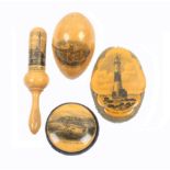 Mauchline ware – sewing – four pieces comprising a shaped border oval pin cushion (Beachy Head