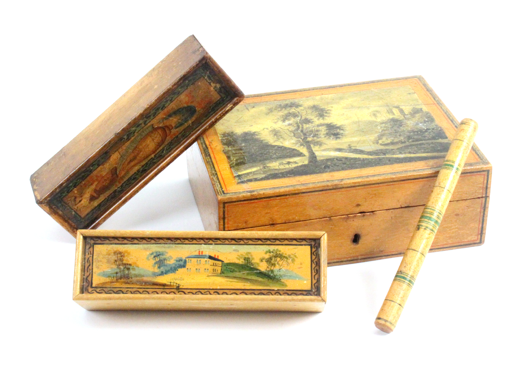 A Spa work box, two painted Tunbridge boxes and a ruler, the Spa work box painted en grisaille