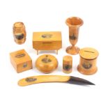 Mauchline ware – eight pieces – comprising a vase form spill vase in alternate woods (Salisbury