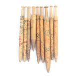 Nine 19th Century wooden Devon bobbins including a spiral inscribed example Take This My Dear And