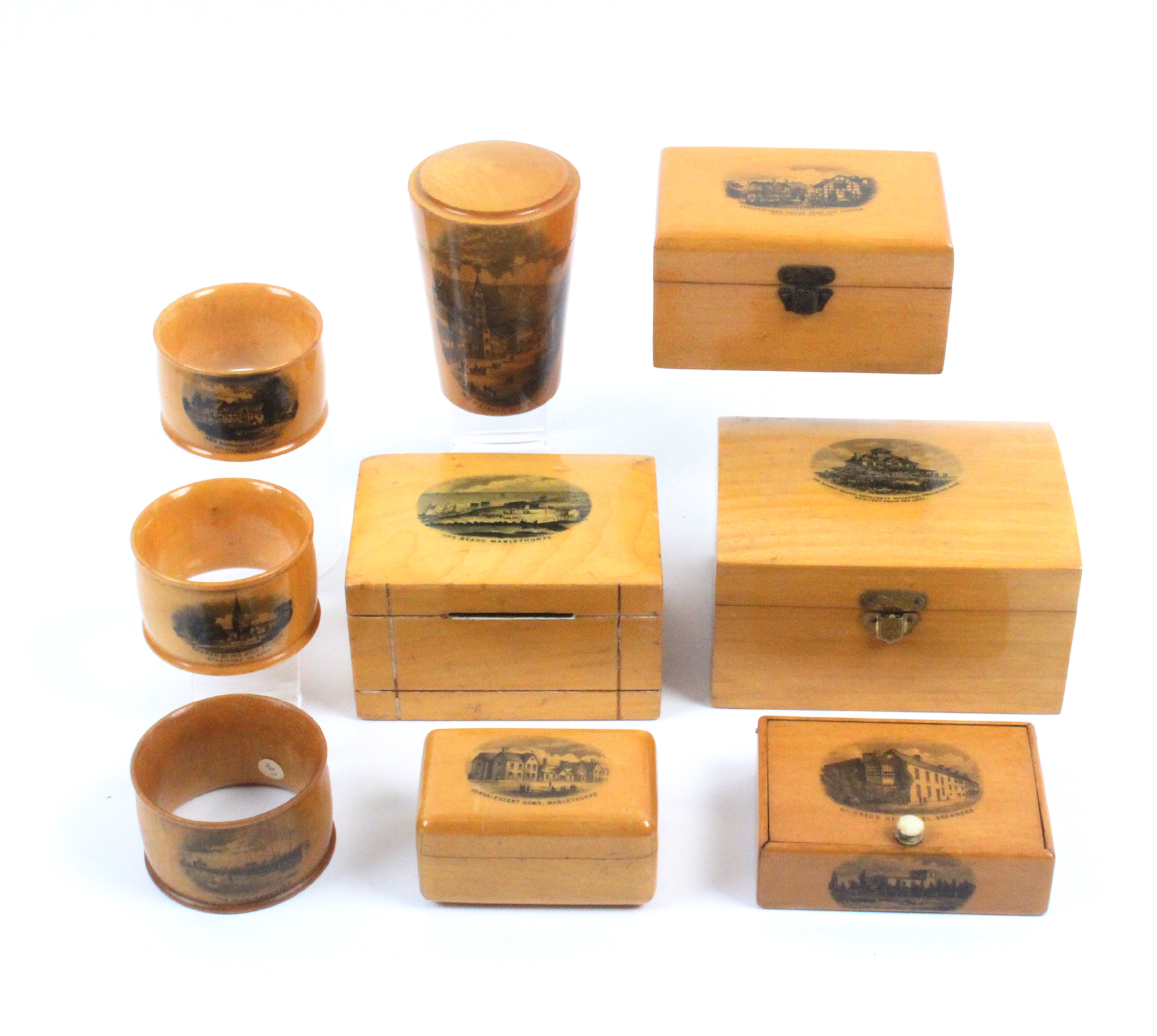 Mauchline ware – nine pieces comprising a rectangular box (Shakespeare’s House From The Garden,