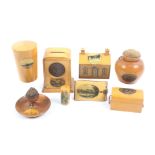 Mauchline ware – eight pieces comprising a clock form money box (Hood Street, St Johns Chapel),