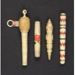 Four bone and ivory 19th Century needlecases comprising an ivory cylinder form example with burnt