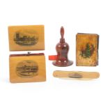 Mauchline ware – five pieces – comprising a cedar wood bell shaped tape measure (Boat Landing