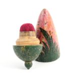 A painted Tunbridge ware pin poppet/thimble case in the form of a flower-bud, faded cut corner green