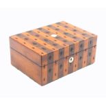 A rosewood and satinwood banded sewing box, circa 1850, with steel studded decoration, the