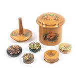 Mauchline ware – various finishes – seven pieces comprising a coloured seashell and seaweed cylinder