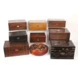Nine various late 19th Century sewing boxes including an example with Sorrento style bandings, 30.