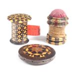 Tunbridge ware – sewing, three pieces comprising a scarce tape measure with octagonal mosaic example