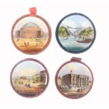 Four reverse glass decorated disc form pincushions, each with mirror to reverse, comprising Town