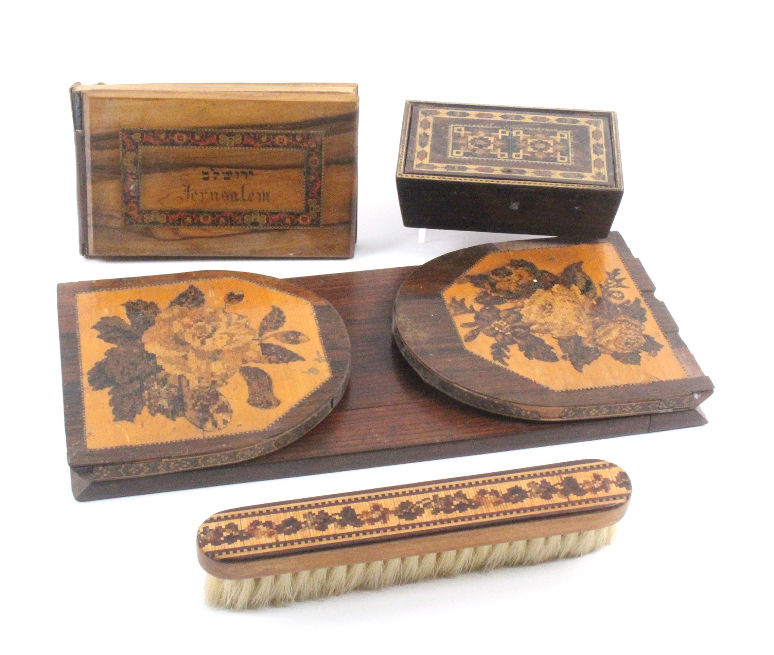 Tunbridge ware – three pieces and a Sorrento ware album – comprising a pin hinge sloping side