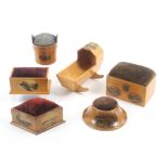 Mauchline ware – sewing – six pieces comprising a reel cradle (Holyrood Palace), 11.5cm, a