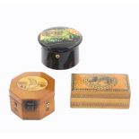 Mauchline ware – sewing – three reel boxes comprising an octagonal dome top reel box (Laxey