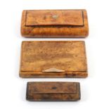 Three burr wood snuff boxes, 19th Century and later, comprising an oval section example, lid with