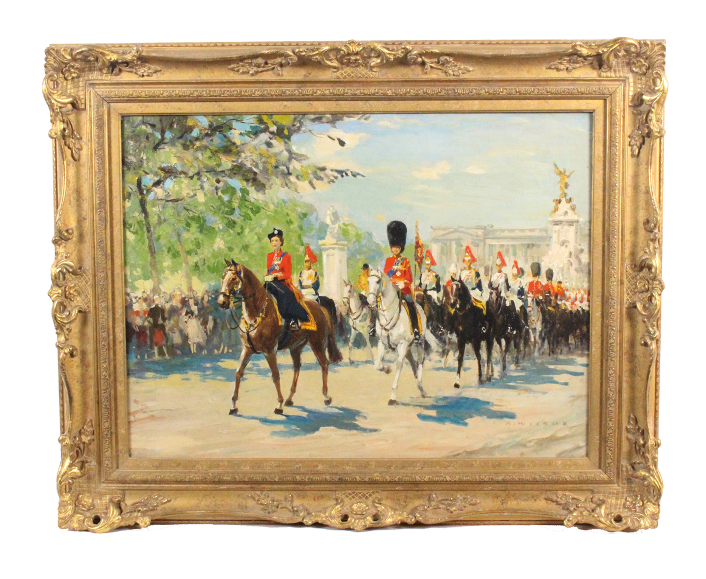 Leslie Arthur Wilcox (1904-1982) Her Majesty Queen Elizabeth II leading troops Signed Oil on