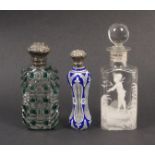 Three 19th Century scent bottles comprising a clear glass example with blue and white overlay of cut