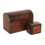 A Victorian tea caddy and a scent bottle box, the tea caddy in burr walnut with domed lid, the