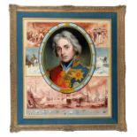 A painted oil on canvas to commemorate Lord Nelson centred by an oval head and shoulders portrait