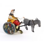 A Lehmann Balky Mule clockwork tin plate toy with clown riding in two-wheel cart, markings to