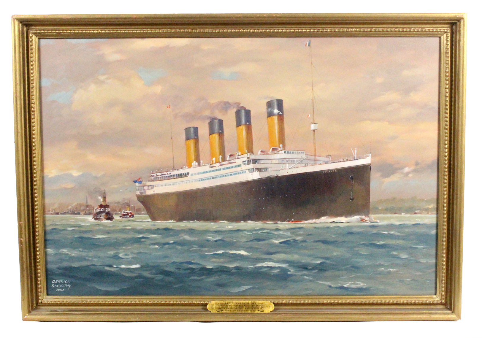 Derrick Smoothy, (1923-2009) R.M.S. Titanic leaving harbour, oil on canvas, signed and dated 2003,