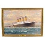 Derrick Smoothy, (1923-2009) R.M.S. Titanic leaving harbour, oil on canvas, signed and dated 2003,
