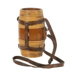 A 19th Century wicker bound coopered oak Costrel or harvest barrel, with leather carrying strap,